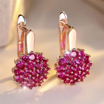 Rose Red Crystal Round Zircon Sunflower Hoop Earrings